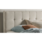 Halo Bedhead: Fabric Beds in Beige, Charcoal, and Mid Grey