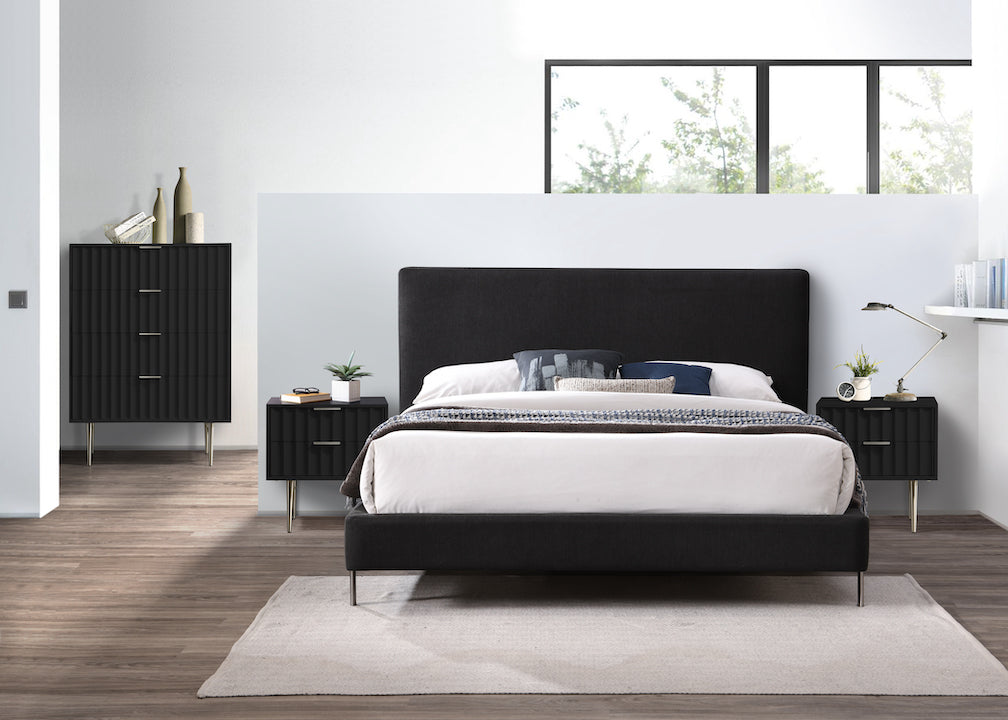 Blair Bedroom Collection: Upholstered Fabric Beds and Storage Units with Metal Legs