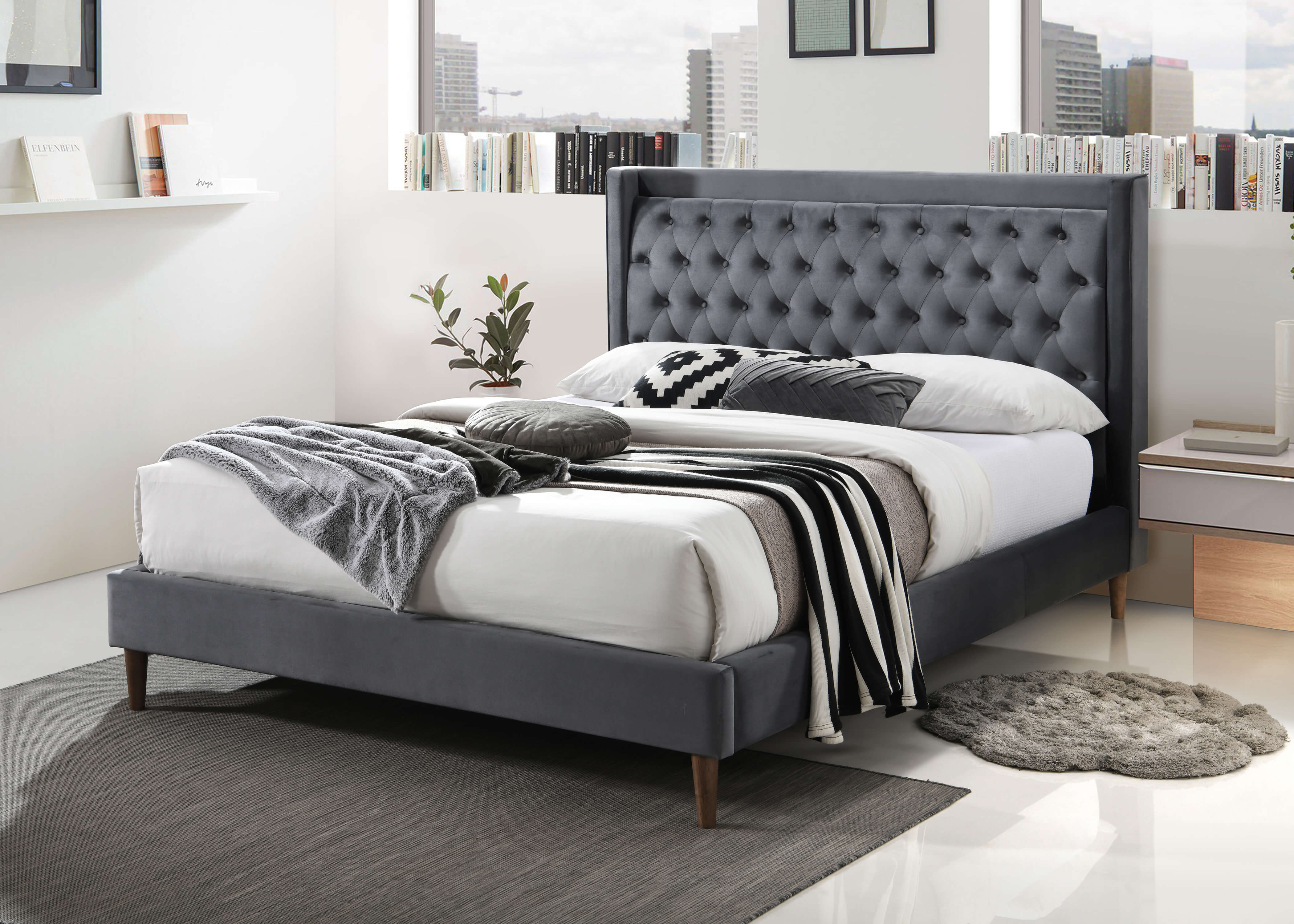 Charles Bed: Queen & King Sizes in Charcoal Velvet Fabric