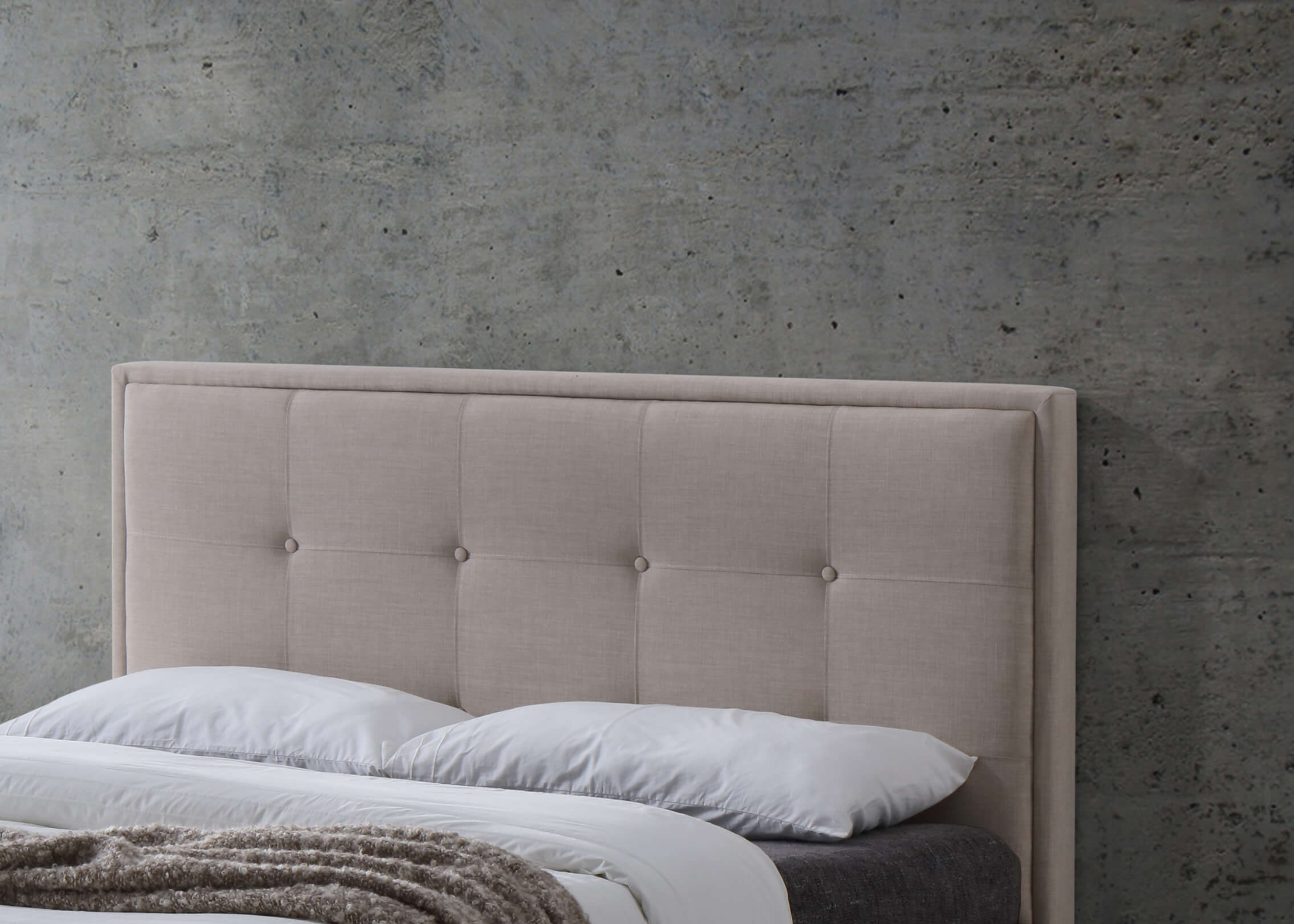 Halo Bedhead: Elegant Fabric Bedheads in Beige, Charcoal, and Mid Grey