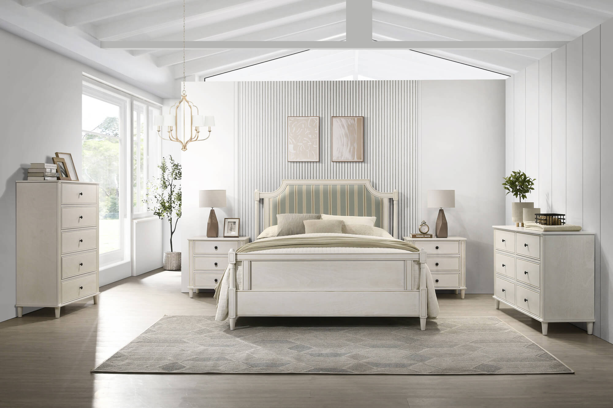 Cassis Bedroom Suite: White Wash Collection with Blue Strip Fabric Bedhead