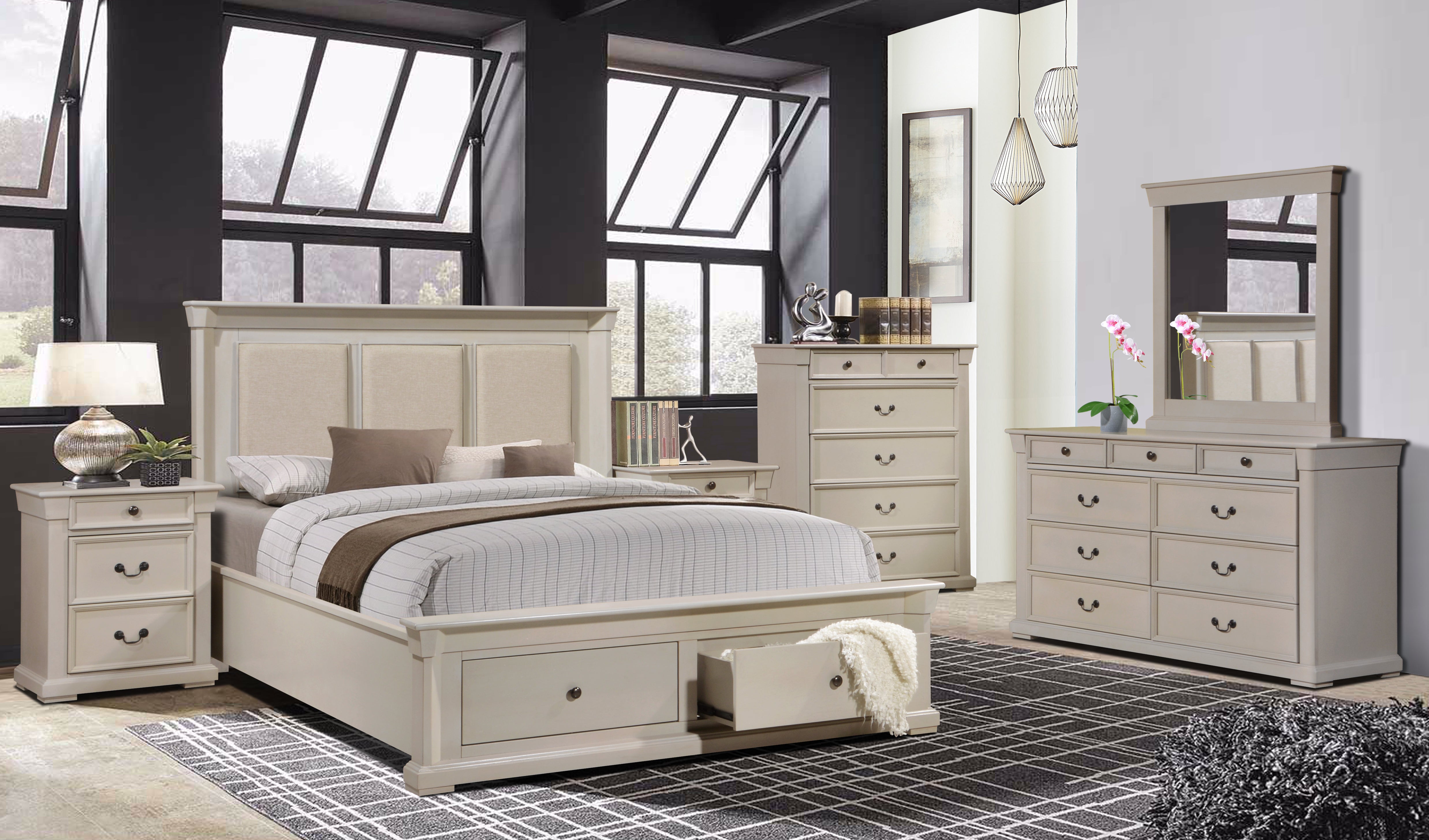 Long Island: Elegant Bedroom Suite with Grey/Beige Fabric Bedhead