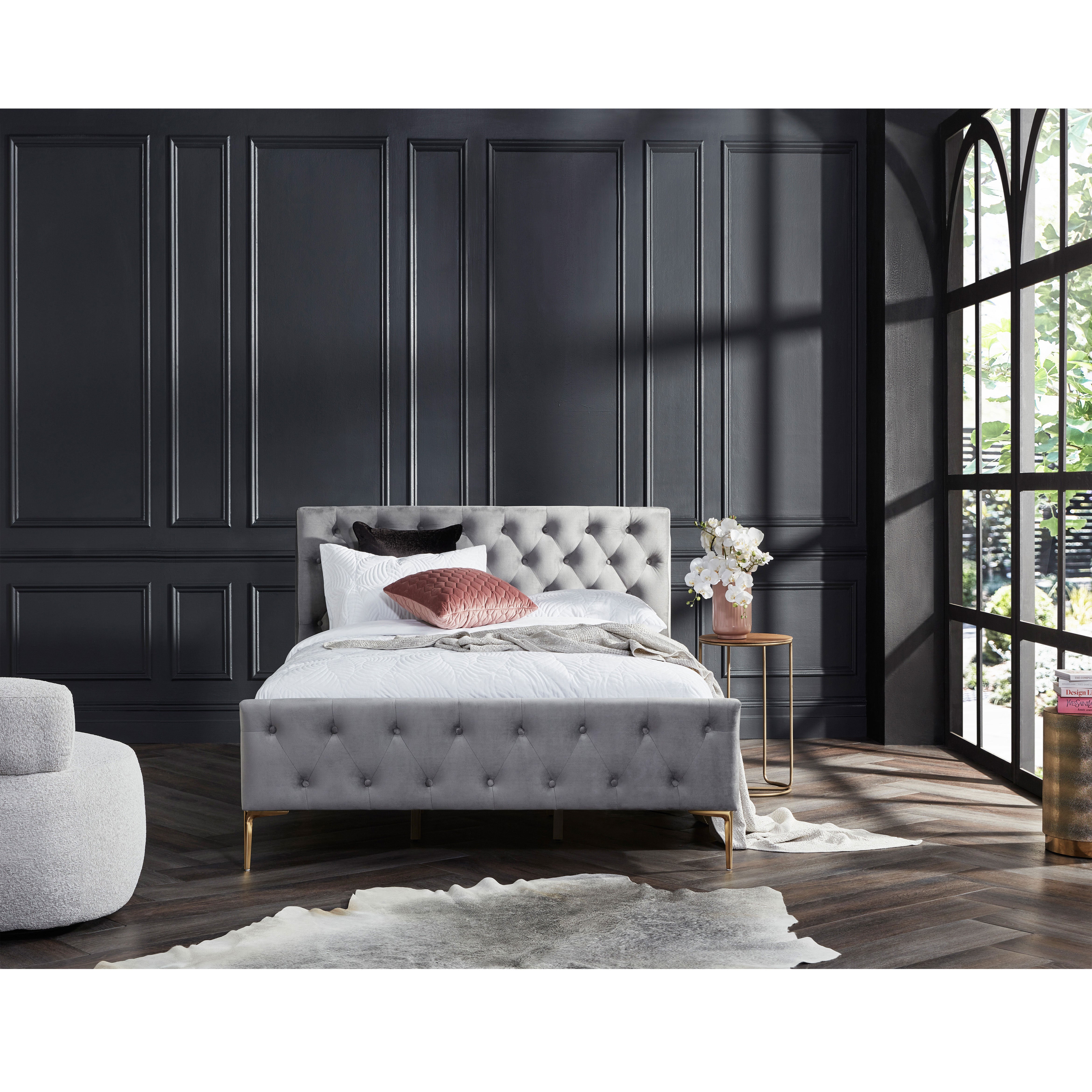 Pia: Fully Upholstered Velvet Beds in Grey and Pink