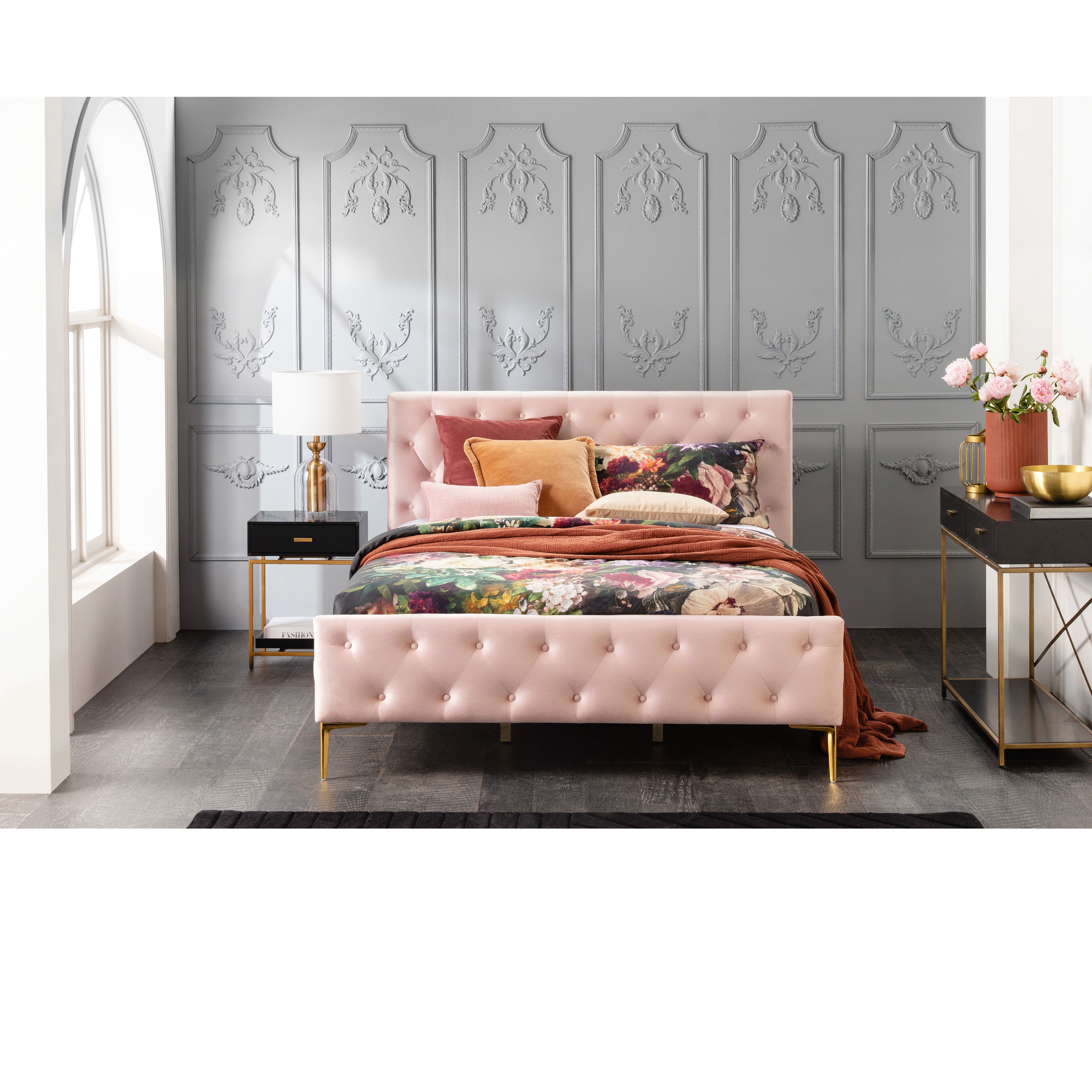 Pia: Fully Upholstered Velvet Beds in Grey and Pink